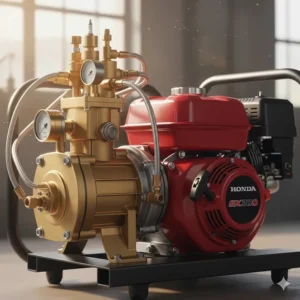 Detailed view of the powerful pressure washer pump and motor assembly that draws water from the tank.