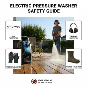 Essential safety equipment and best practices when operating an electric pressure washer.