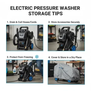 Tips and illustration for properly storing the hose and accessories of your new electric pressure washer.