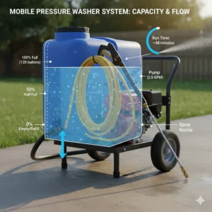 Diagram illustrating the water tank capacity and flow rate of the mobile pressure washer system.