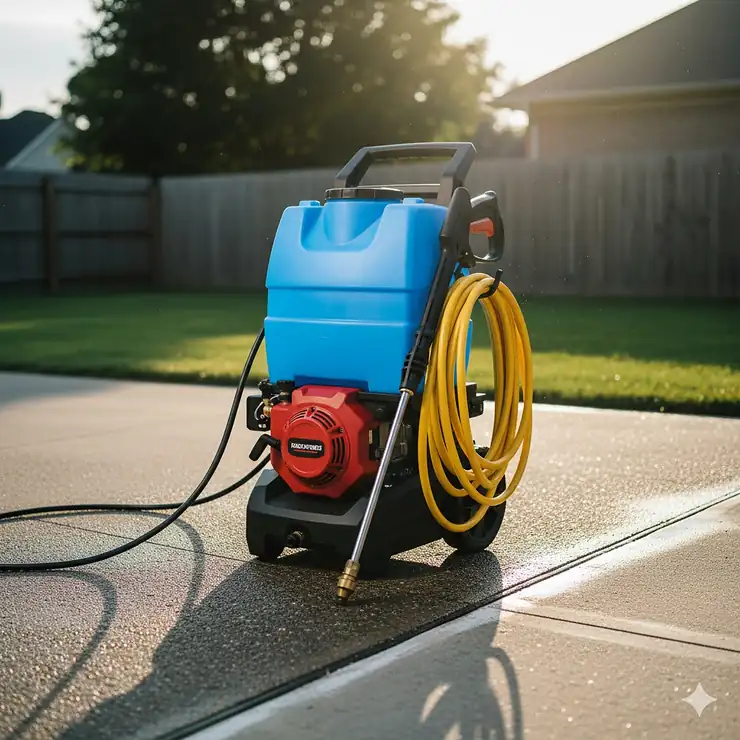Pressure washer with water tank system on a driveway ready for heavy-duty cleaning.