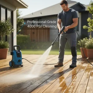 Professional-grade deck cleaning results achieved using the electric pressure washer 4000 psi.