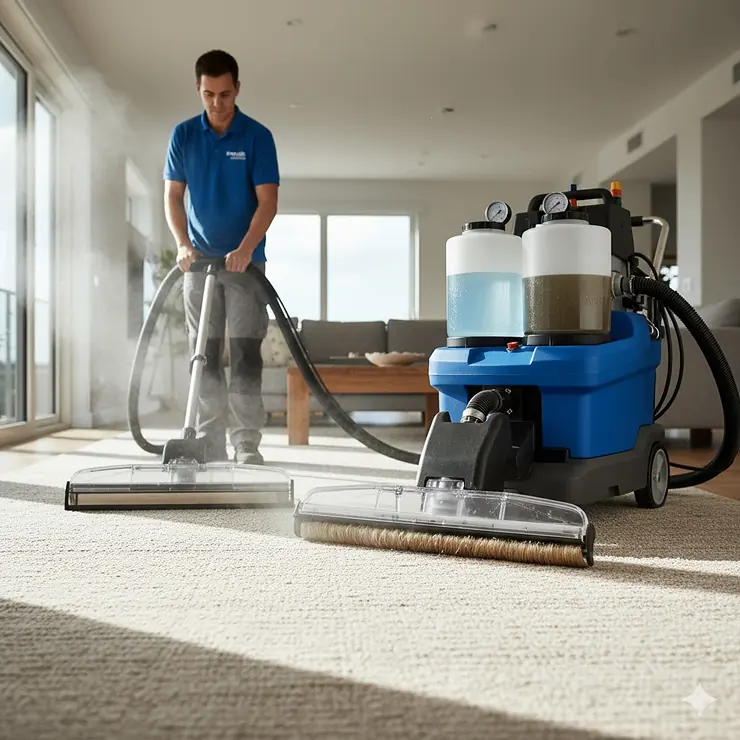 Professional steam carpet cleaning machine in action, deep cleaning a residential carpet to remove stubborn dirt and stains. professional steam carpet cleaning machines