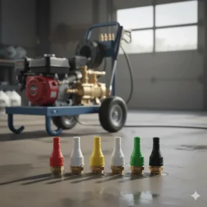 Set of quick-connect nozzles (0°, 15°, 25°, 40°, and soap) used with a commercial pressure washer 4000 PSI for versatile cleaning applications.