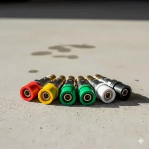 Set of quick-connect nozzles for the 5000 psi pressure cleaner, showing various spray angles and color codes.