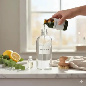 Eco-friendly cleaning with a refillable bottle and concentrated non toxic bathroom cleaner to reduce plastic waste.