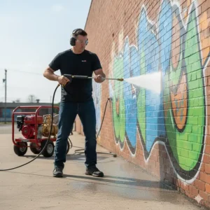 Removing graffiti from a brick wall with ease using the ultra-high pressure of a 5000 psi washer.