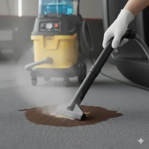 Hand holding the vacuum attachment, actively removing a tough beverage stain from a car's floor carpet using the steam cleaning function.