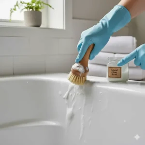 Natural bathroom cleaner paste made from baking soda being used to scrub and whiten bathroom tiles and grout.