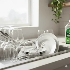 Stack of perfectly clear, streak-free glassware and silverware, demonstrating the superior cleaning power of the antibacterial dishwashing detergent.