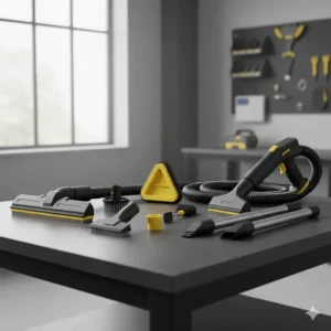 A display of all the specialized nozzles and attachments included with the automotive steam vacuum cleaner for various surfaces.