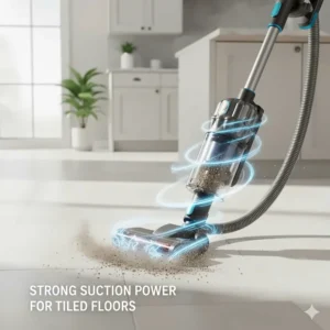 Diagram illustrating the strong, consistent suction power of a bagless canister vacuum designed to lift dirt from textured tiled floors.