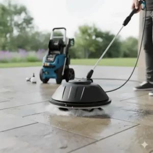 Surface cleaner attachment connected to the wand of a 2500 PSI power washer, making patio and sidewalk cleaning faster and streak-free.