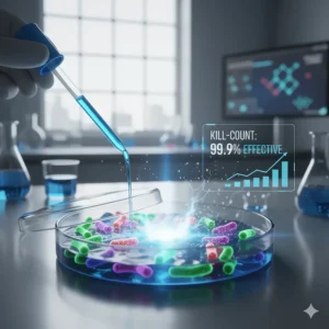 A scientific graphic illustrating the successful lab test results proving the powerful germ-killing efficacy of a specific antibacterial dish detergent.