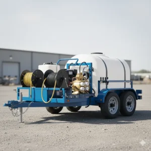 A fully self-contained trailer-mounted commercial pressure washer 4000 PSI system with a large water tank and hose reels for remote job sites.