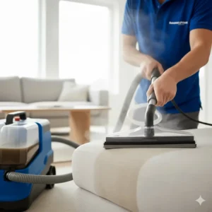 Handheld upholstery cleaning tool attachment connected to a steam cleaner, ideal for cleaning furniture, stairs, and tight spaces.