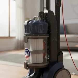 Close-up of the motor and filtration system, highlighting high-quality American-made vacuum cleaner components.