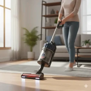 Lightweight cordless stick vacuum made in the USA, ideal for quick cleanups on hardwood floors.