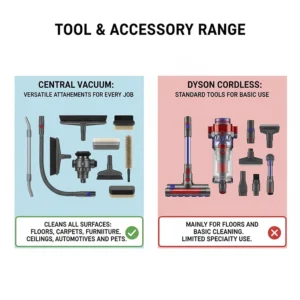Comparing the available cleaning tools and accessories for a central vacuum system's versatility against the standard attachments provided with a Dyson.