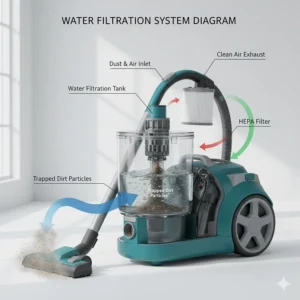 Diagram illustrating the multi-stage water filtration system inside the vacuum cleaner, trapping dust and allergens in water.