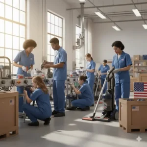 Production line showing vacuum cleaners made in America being assembled by skilled workers.