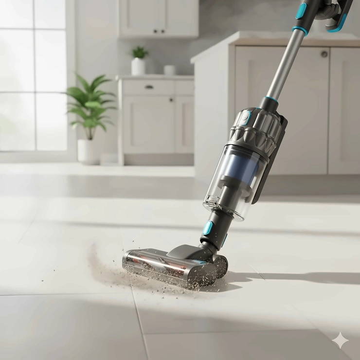 Close-up of a lightweight stick vacuum cleaner being used to remove fine dirt and dust from a shiny ceramic tile floor.