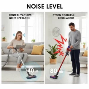 Visual guide comparing the significantly lower noise level of a central vacuum system with the motor noise of a Dyson stick.