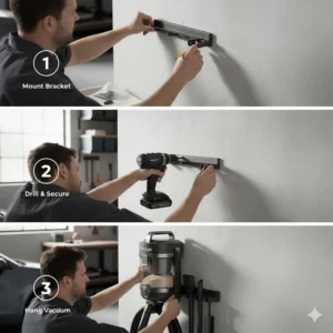 Step-by-step graphic showing the easy installation process for a wall mount garage vacuum with mounting bracket and hardware.