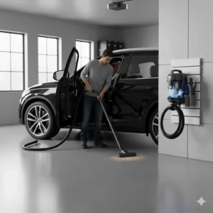 Image of a user effectively cleaning a car interior using a wall mount shop vacuum with a long reach hose.