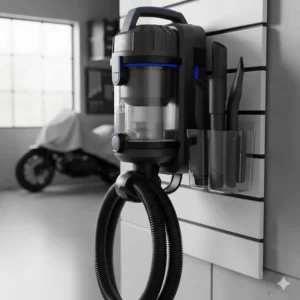 Close-up of wall mount vacuum accessories, showing various nozzles, attachments, and long flexible hoses.