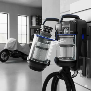 Visual representation of the advanced filtration system inside a wall mount vacuum to capture fine dust and allergens.
