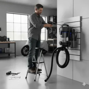 A user installing a wall mounted vacuum unit securely in a garage with included mounting hardware.