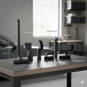 Display of various specialized attachments (crevice tool, utility nozzle, brushes) for thorough car detailing with the wall vacuum.