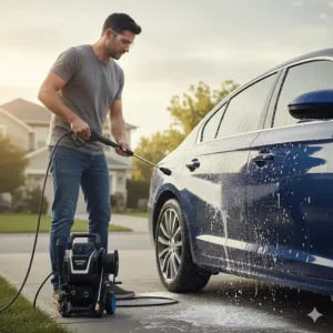 Man easily cleaning his car with a lightweight and high-rated electric pressure washer.