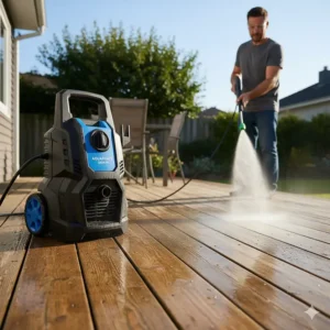 High-quality image of an electric pressure washer effectively cleaning a wooden deck without damage.