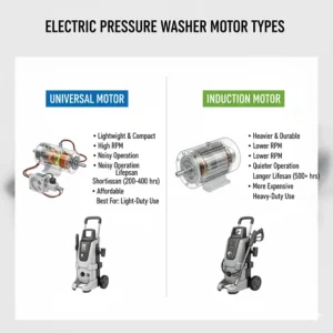 Diagram explaining the difference between universal and induction motors in a top-rated electric pressure washer.