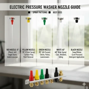 Guide to the different colored nozzles and their spray patterns for the best electric pressure washer use.