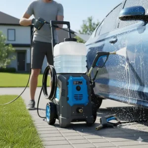 Person using a battery-powered portable pressure washer with a water tank to wash a dirty sedan.
