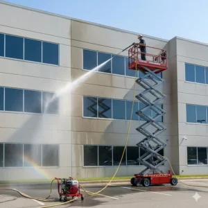 A worker pressure washing the exterior of a large commercial building using a 5 GPM machine for efficient, deep cleaning.