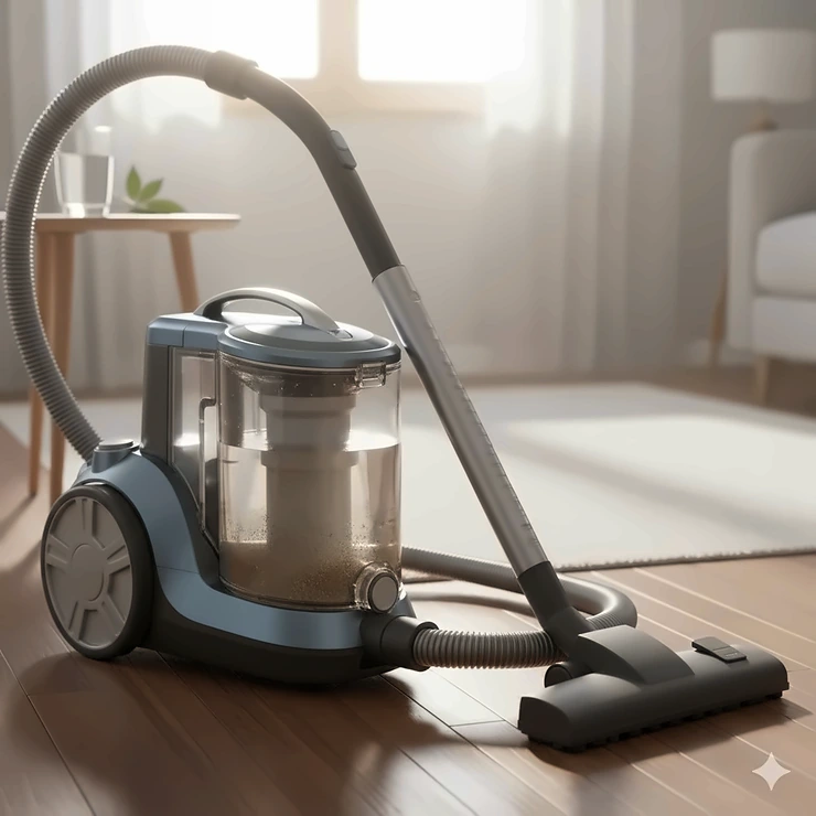 A powerful water filtration vacuum cleaner with its water tank visible, highlighting the unique cleaning technology for allergy sufferers.