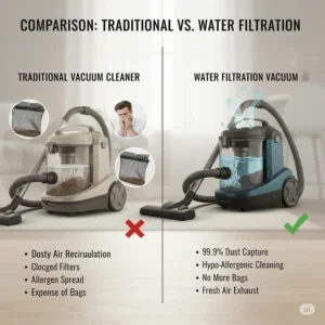 Illustrating the water vacuum cleaner's effectiveness in deep cleaning carpets and removing pet hair and allergens.