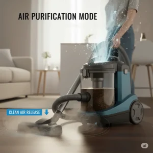 The water filtration vacuum cleaner operating in air purification mode, showing clean air being released back into the room.