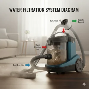 A person using the water filtration vacuum cleaner to effectively clean up a liquid spill on a kitchen floor.
