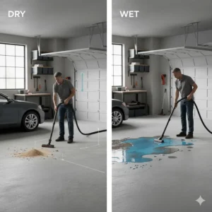 Image demonstrating the wet/dry capability of the wall hanging vacuum, showing it cleaning up both spilled liquids and dry debris.