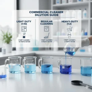 A dilution ratio chart for applying commercial bathroom cleaner solution effectively on various surfaces.
