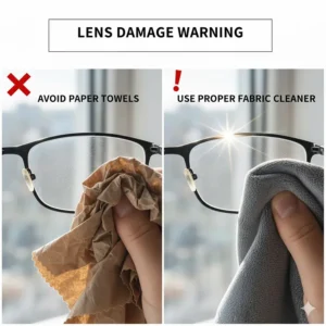 An X-mark over a rough material, warning users to avoid paper towels and emphasizing the need for a proper fabric to clean glasses.