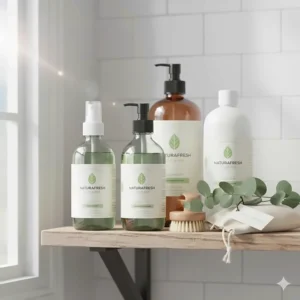 Recyclable bottle packaging for an eco-friendly plant based bathroom cleaner brand.