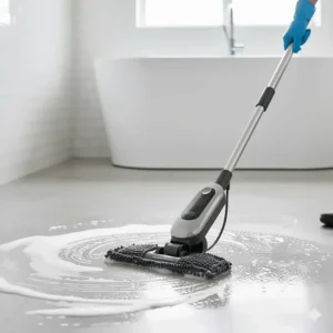 A compact microfiber floor mop being used to clean and sanitize the bathroom floor.