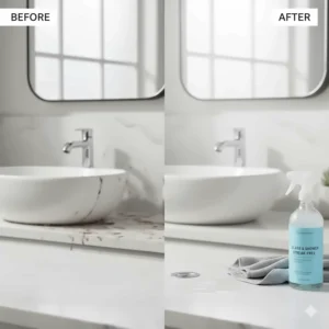 A split image showing the impressive before and after results of using the bathroom cleaner kit to remove grime from a porcelain sink.