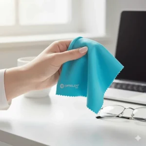 A hand holding up a brightly colored, high-quality fabric to clean glasses made from premium microfiber material against a neutral background.